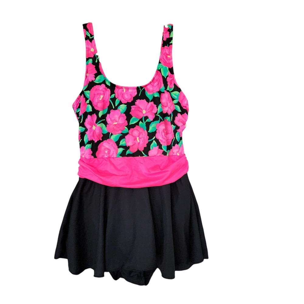 Vintage Basic Editions Floral Swim Dress One Piece Swimsuit Pink Black Size 16